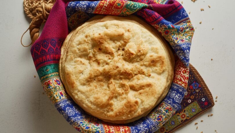Aerial shot of a pile of classic Moroccan Batbout bread, or Mkhamer. Soft, fluffy flatbreads in a woven basket with a vibrant napkin 10 street food hitova Magreba
